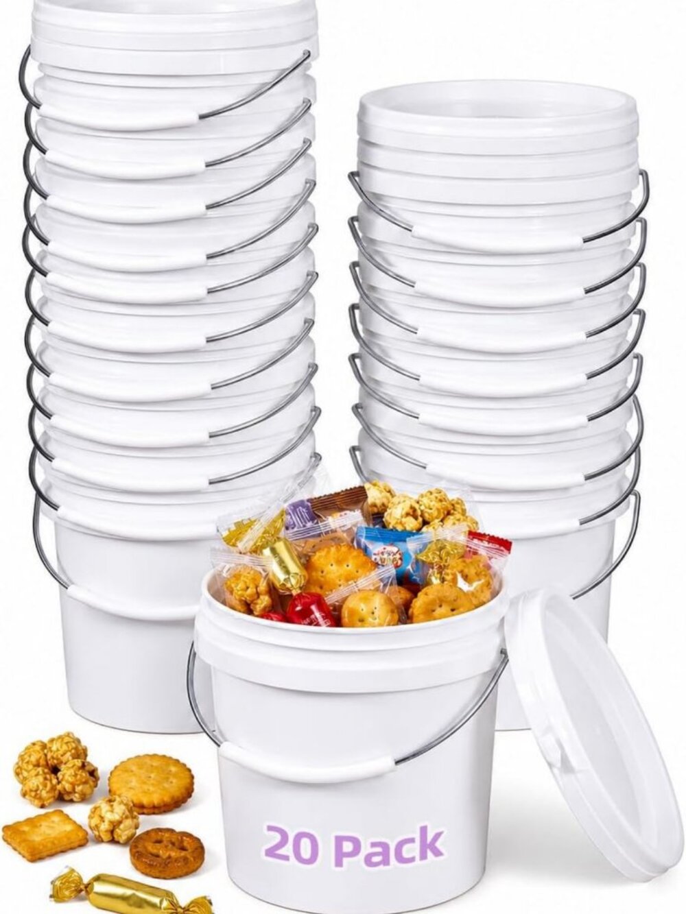 20 Mini Plastic Buckets with Lids & Handles - Small Food Storage & Party Favor